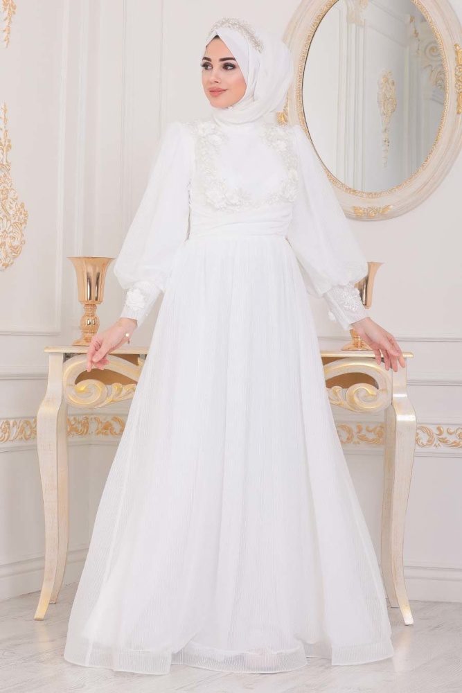 Ecru- Tesettürlü Abiye Elbise - Robes de Soirée Hijab - 40302E - 1