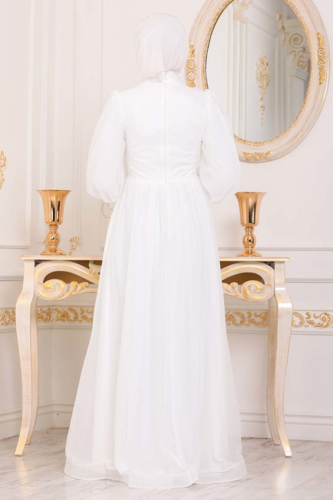 Ecru- Tesettürlü Abiye Elbise - Robes de Soirée Hijab - 40302E - 2