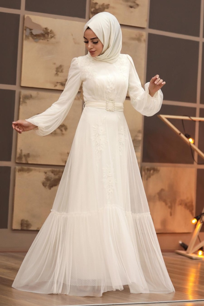 Ecru- Tesettürlü Abiye Elbise - Robes de Soirée Hijab - 40431E - 1