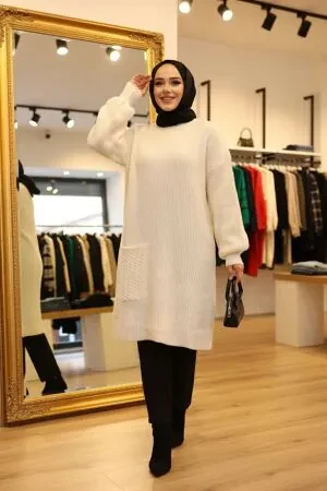 Ekru Tesettür Triko Kazak Tunik 27501E - 1