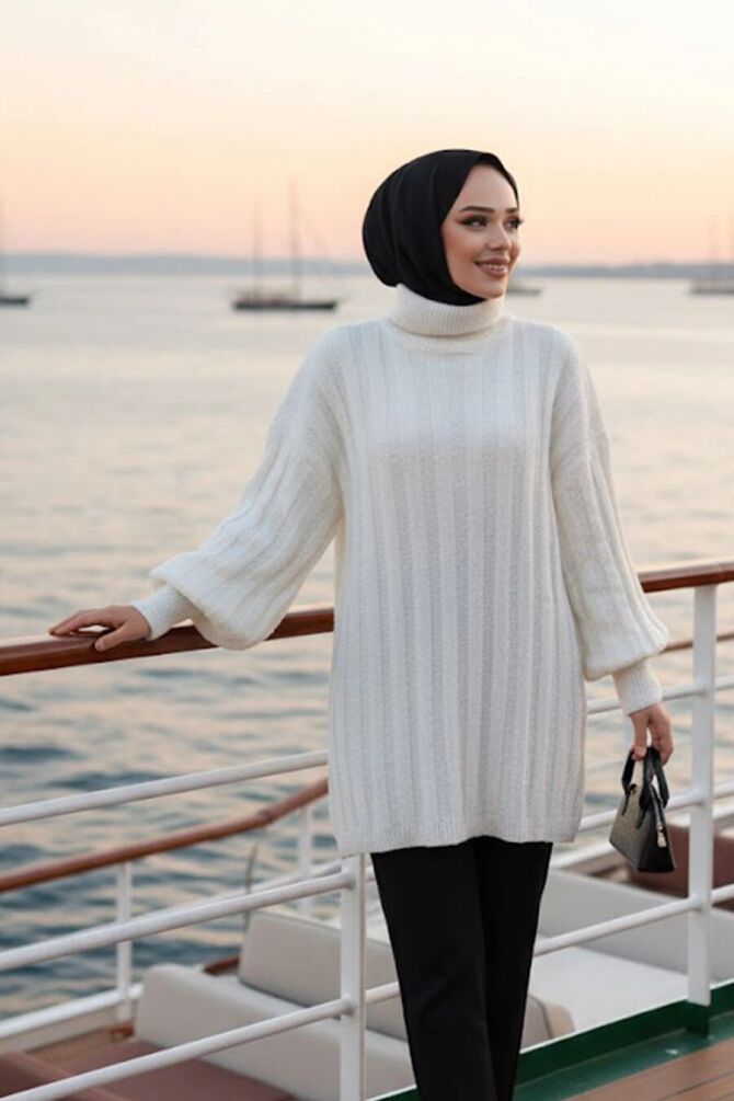 Ekru Tesettür Triko Kazak Tunik 27502E - 1