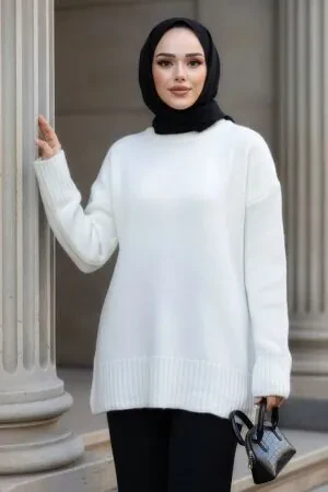 Ekru Tesettür Triko Kazak Tunik 55551E 