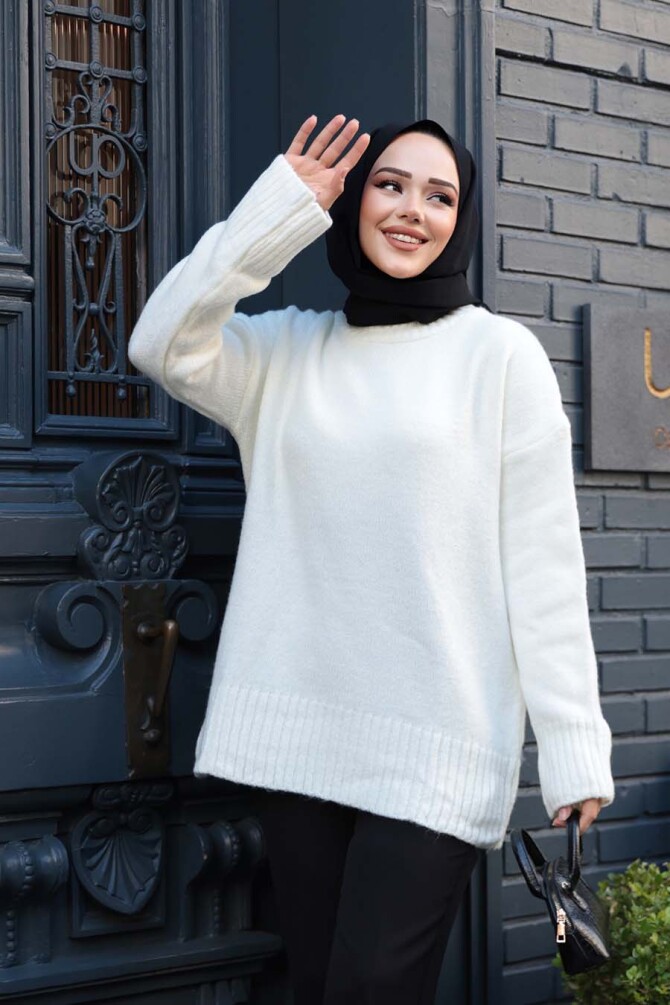 Ekru Tesettür Triko Kazak Tunik 55551E - N.S NEVA STYLE