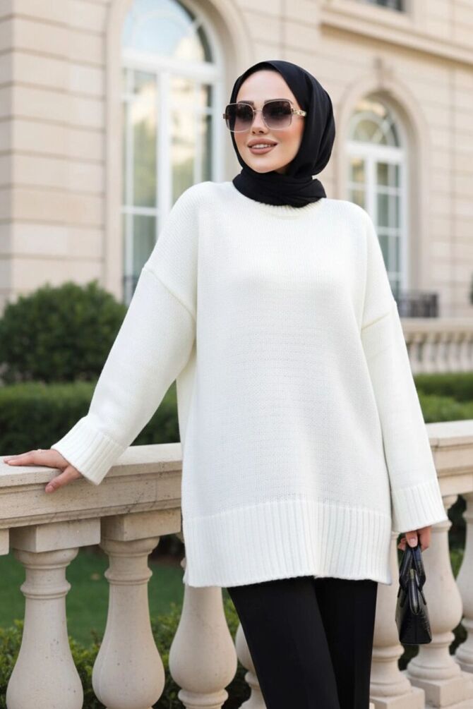 Ekru Tesettür Triko Kazak Tunik 70012E - 1