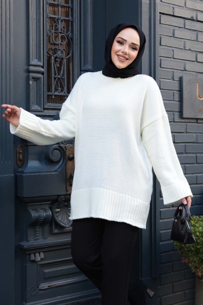 Ekru Tesettür Triko Kazak Tunik 70012E - 2
