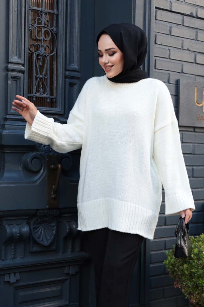 Ekru Tesettür Triko Kazak Tunik 70012E - N.S NEVA STYLE