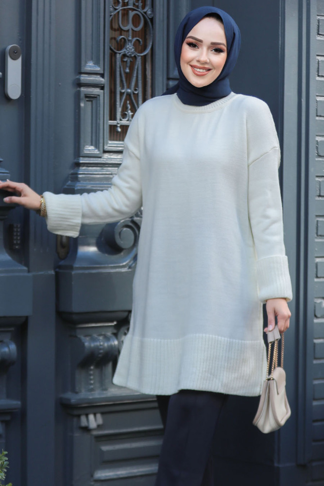 Ekru Tesettür Triko Kazak Tunik 71501E - 2