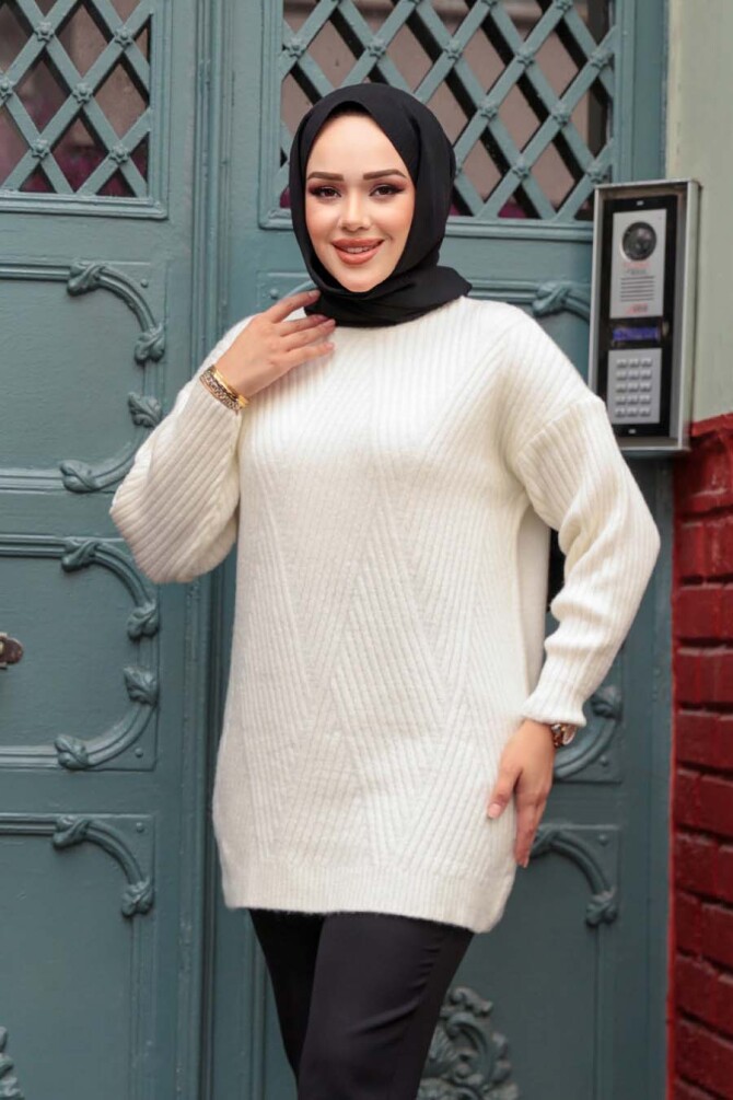 Ekru Tesettür Triko Kazak Tunik 7852E - 2