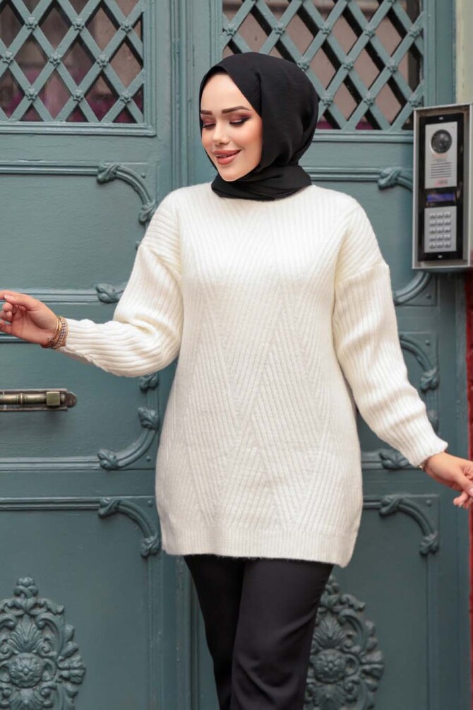 Ekru Tesettür Triko Kazak Tunik 7852E - NEVA STYLE