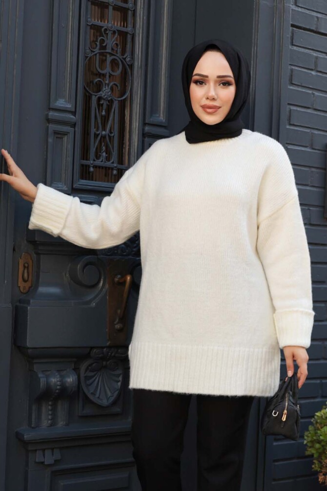 Ekru Tesettür Triko Kazak Tunik 87181E - 1