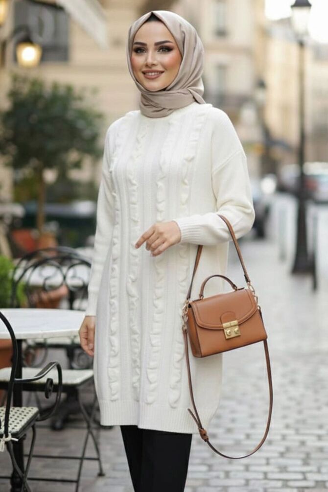 Ekru Tesettür Triko Kazak Tunik 87703E - 1