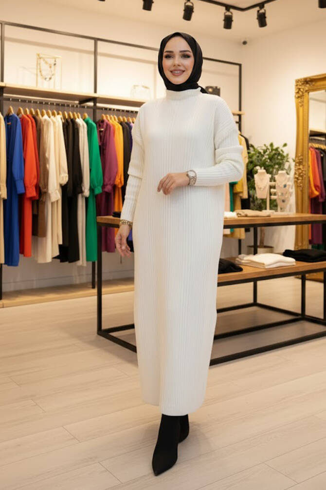 Ekru Triko Tesettür Elbise 27504E - 1