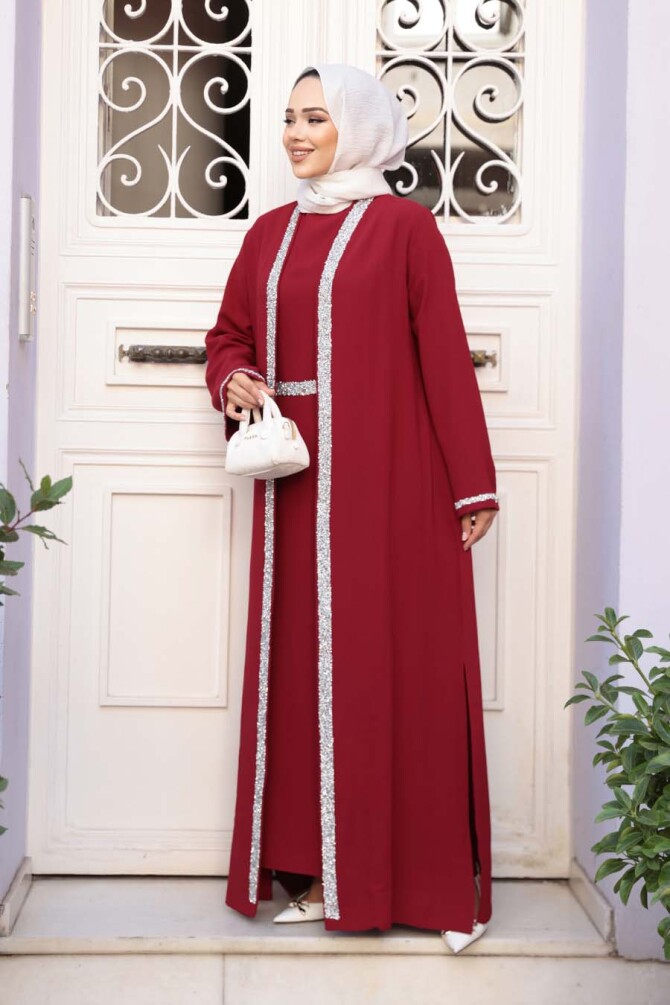 Elbiseli Bordo Tesettür İkili Takım 76852BR - 3
