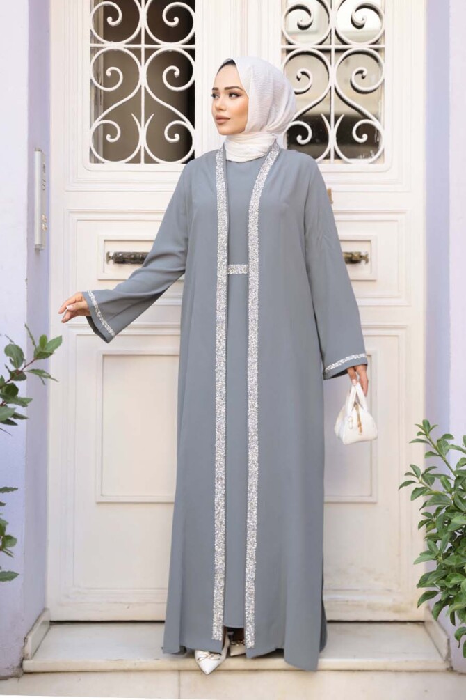 Elbiseli Gri Tesettür İkili Takım 76852GR - 1