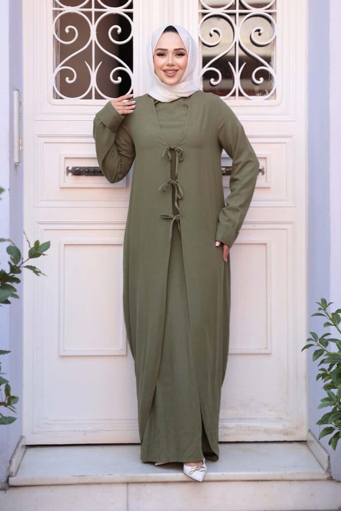 Elbiseli Haki Tesettür İkili Takım 76091HK - 2