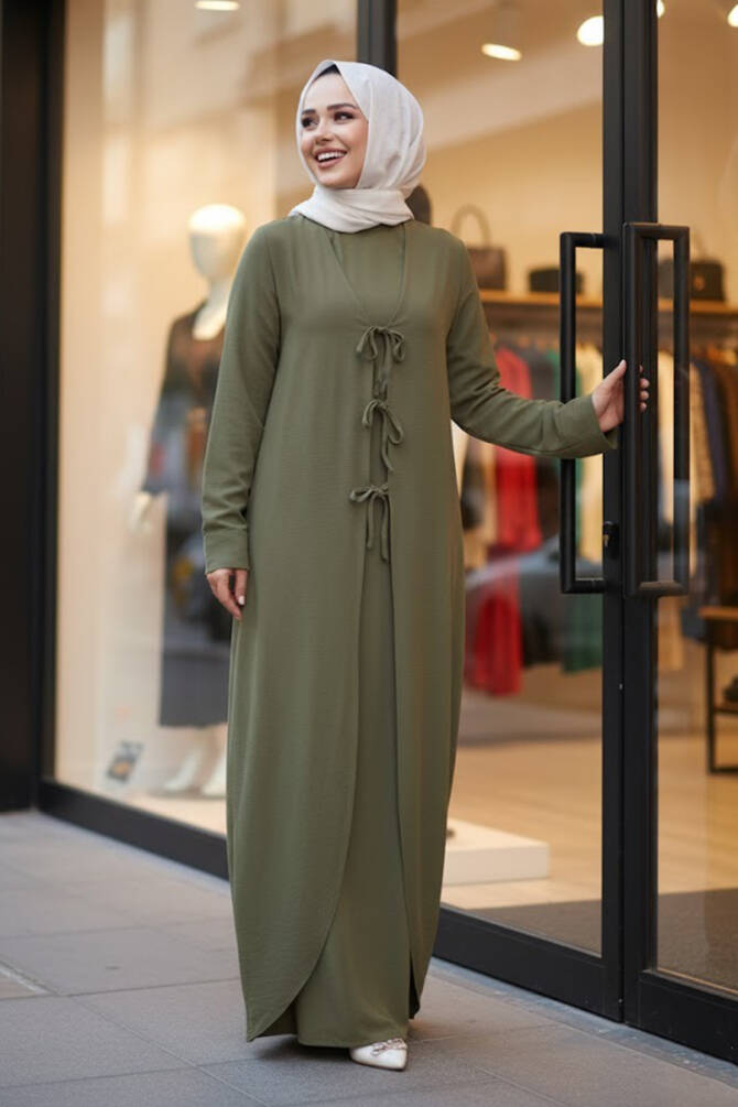 Elbiseli Haki Tesettür İkili Takım 76091HK - 1