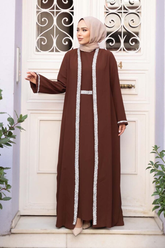 Elbiseli Kahverengi Tesettür İkili Takım 76852KH - 2
