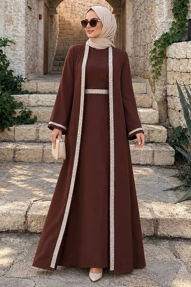 Elbiseli Kahverengi Tesettür İkili Takım 76852KH - 1