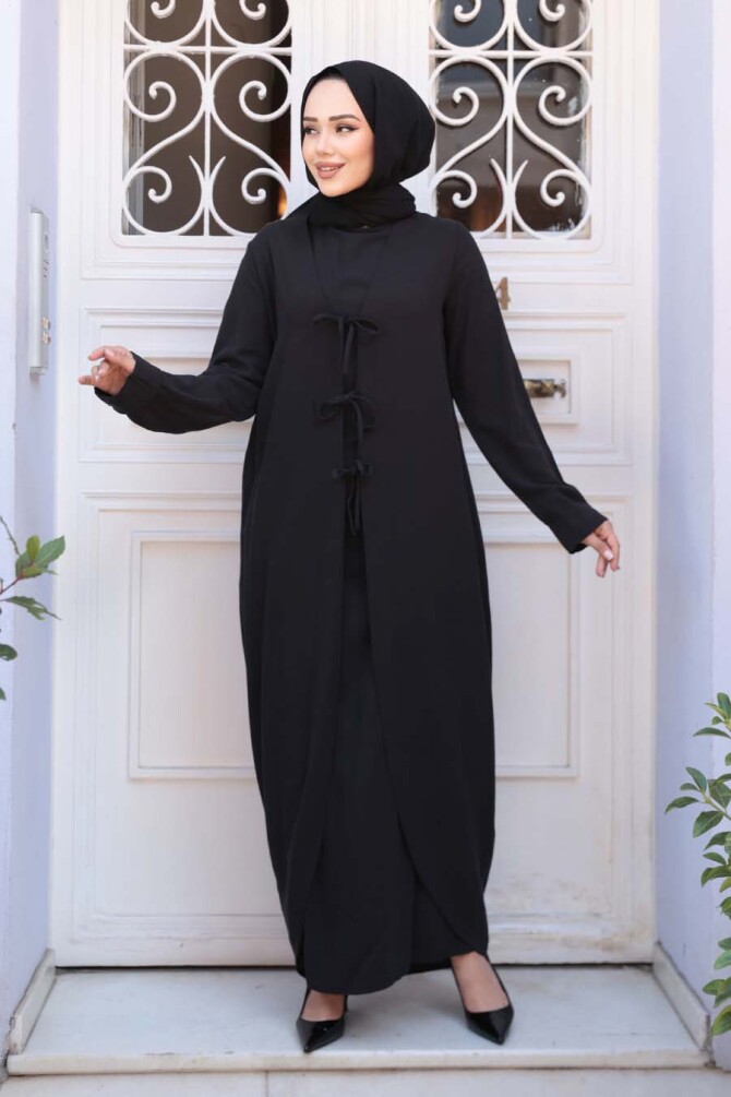 Elbiseli Siyah Tesettür İkili Takım 76091S - 1