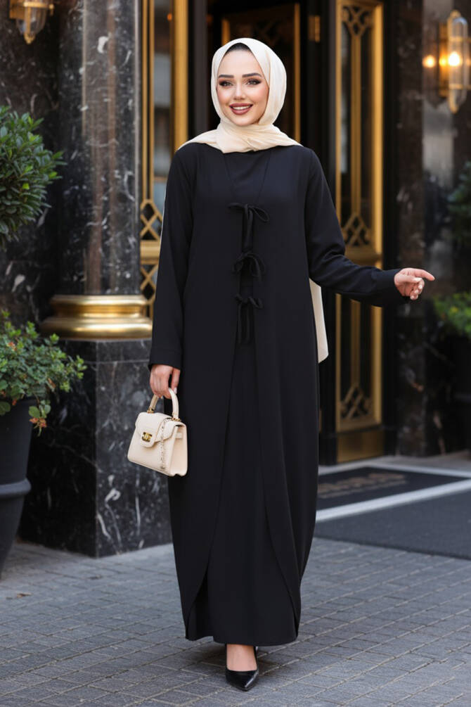 Elbiseli Siyah Tesettür İkili Takım 76091S - N.S NEVA STYLE