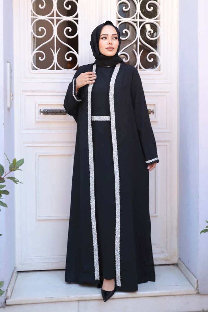 Elbiseli Siyah Tesettür İkili Takım 76852S - 2