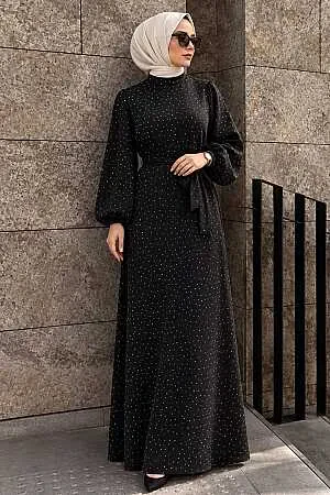 Embellished Belted Yoryo Satin Black Modest Evening Dress 15681S 