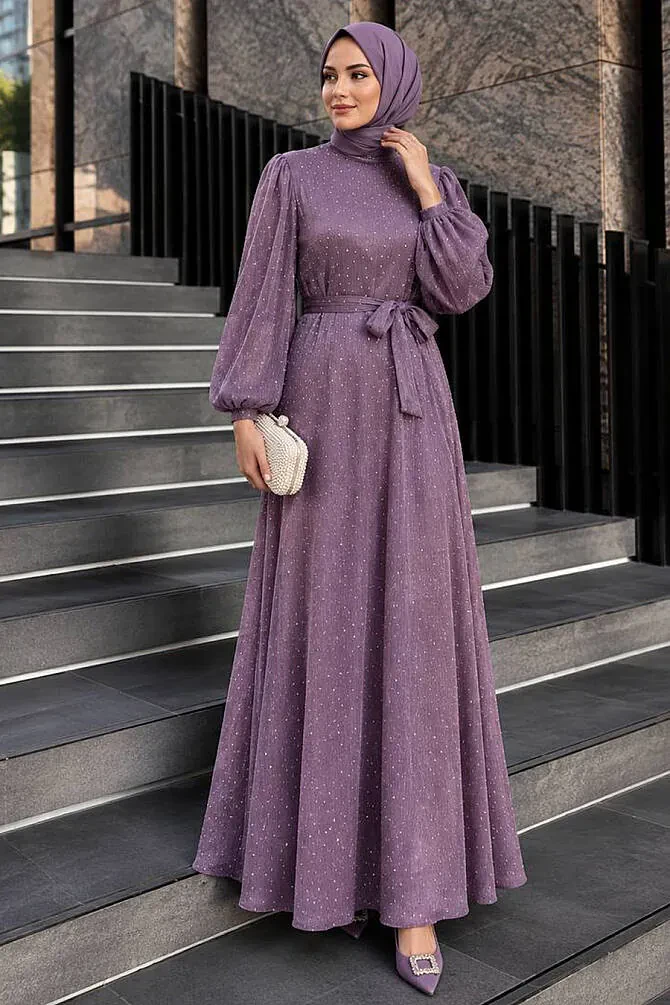 Embellished Belted Yoryo Satin Dark Lilac Modest Evening Dress 15681KLILA - 1