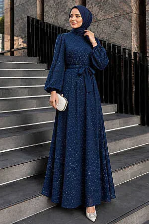 Embellished Belted Yoryo Satin Navy Blue Modest Evening Dress 15681L 