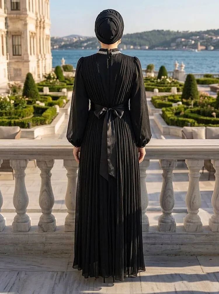 Embellished Collar Draped Black Modest Evening Dress 4952S - 2