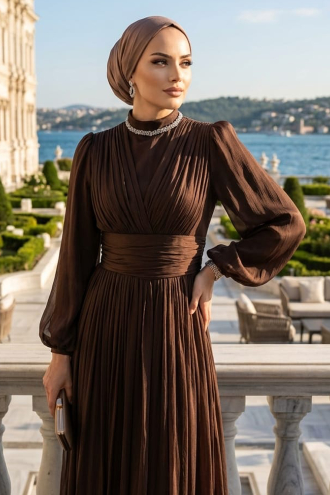 Embellished Collar Draped Brown Modest Evening Dress 4952KH - 2