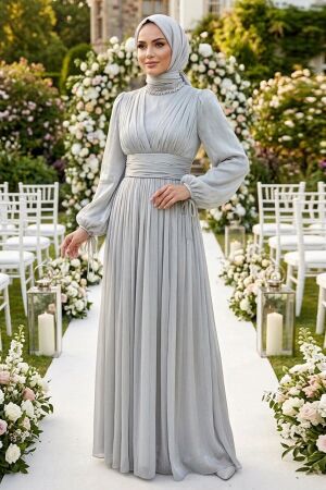 Embellished Collar Draped Mint Modest Evening Dress 4952MINT - 1