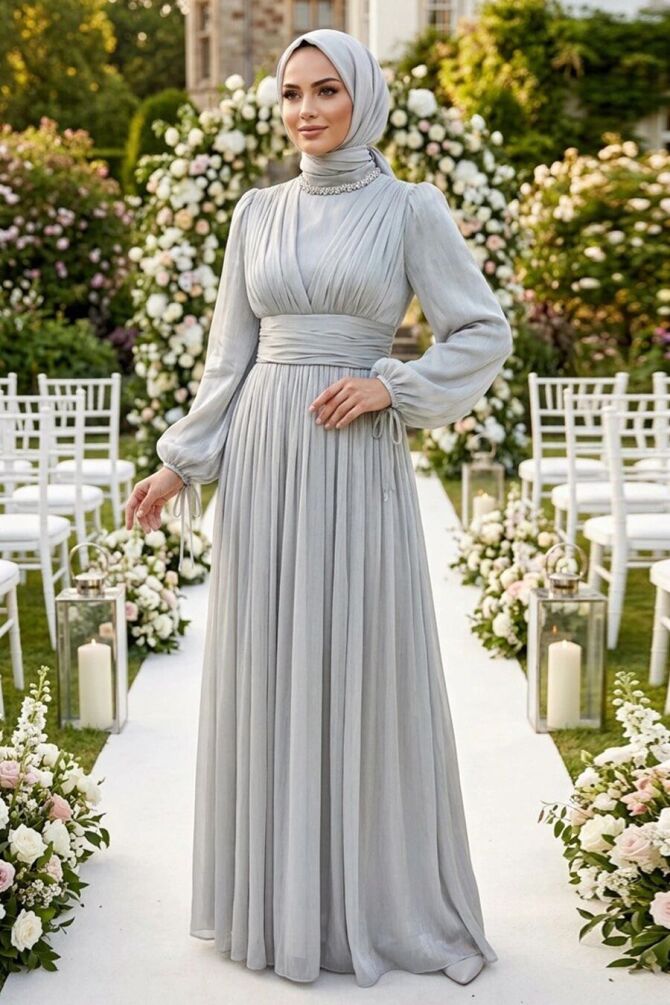 Embellished Collar Draped Mint Modest Evening Dress 4952MINT - 1