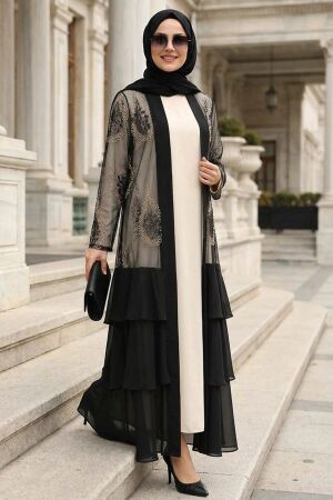 Embroidered Guipure Black Ruffled Modest Abaya 63262S - 1
