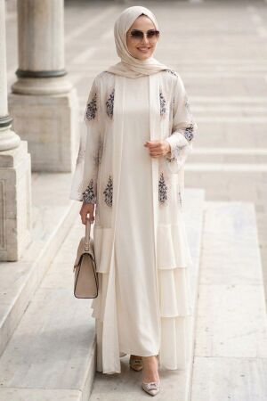 Embroidered Guipure Cream Ruffled Modest Abaya 63262KR 