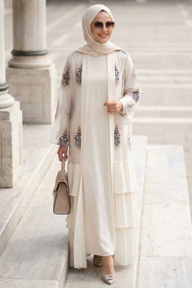 Embroidered Guipure Cream Ruffled Modest Abaya 63262KR - 1