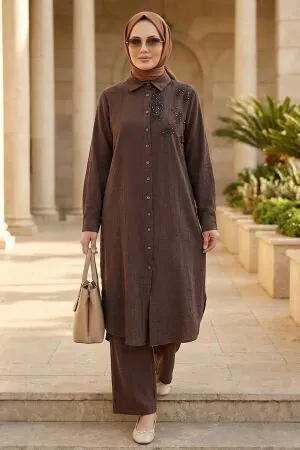Embroidery-Detail Brown Linen Modest Set 32102KH 