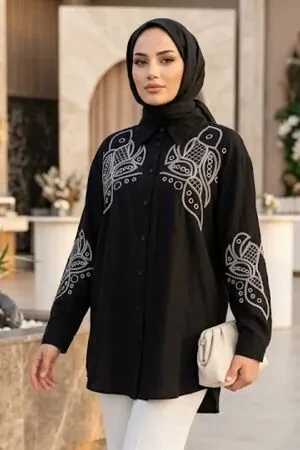 Embroidery-Detail Poplin Black Modest Shirt 15697S - 1