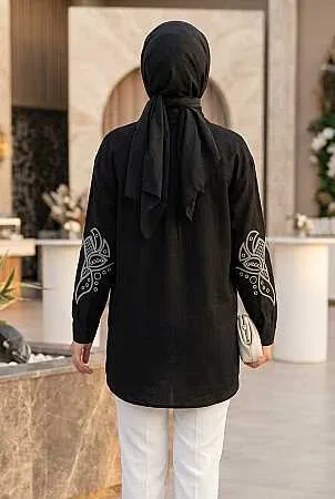Embroidery-Detail Poplin Black Modest Shirt 15697S - 2