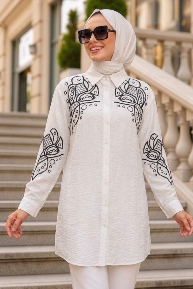 Embroidery-Detail Poplin Ecru Modest Shirt 15697E - 1