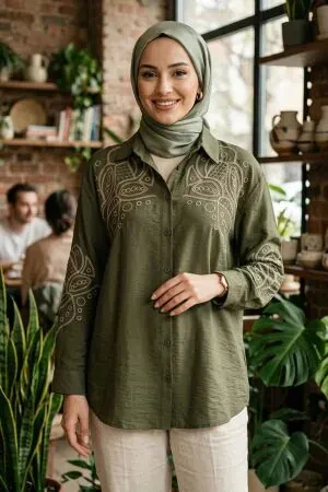 Embroidery-Detail Poplin Khaki Modest Shirt 15697HK - 1
