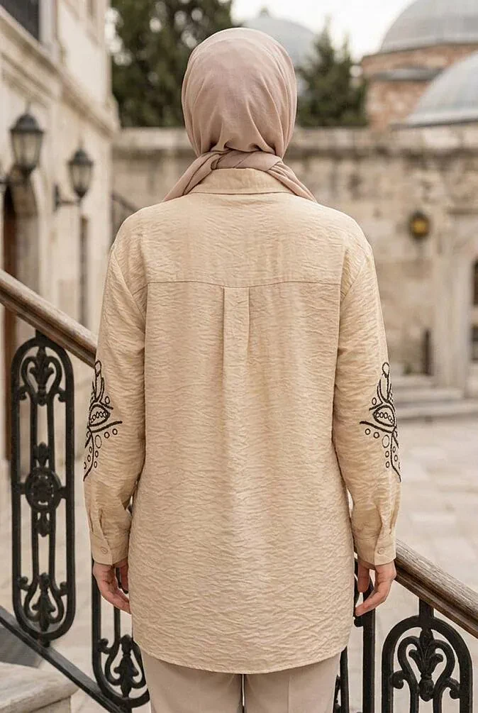 Embroidery-Detail Poplin Stone Modest Shirt 15697TAS - 2