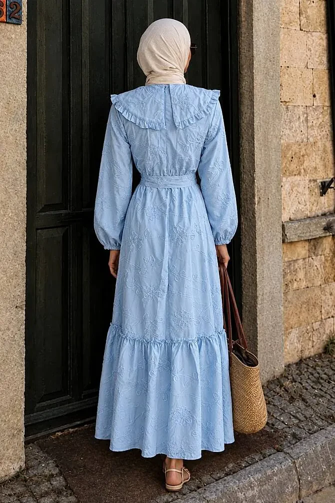 Embroidery-Detail Scarf Collared Blue Modest Dress 26184M - 2