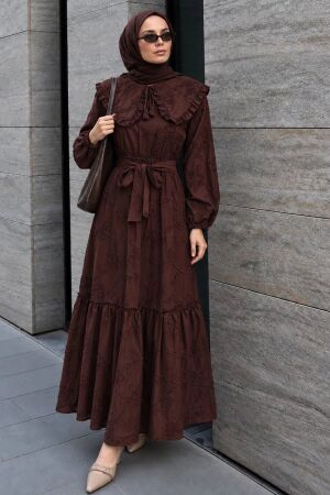 Embroidery-Detail Scarf Collared Dark Brown Modest Dress 26184KKH - 1