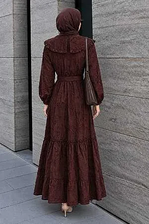 Embroidery-Detail Scarf Collared Dark Brown Modest Dress 26184KKH - 2