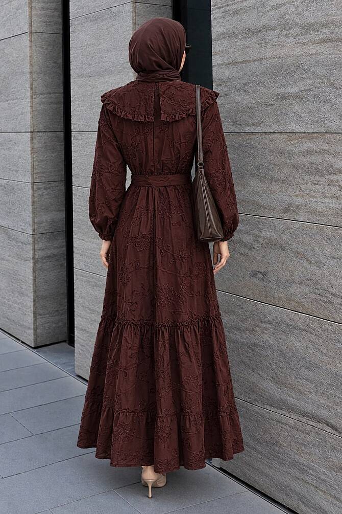 Embroidery-Detail Scarf Collared Dark Brown Modest Dress 26184KKH - 2