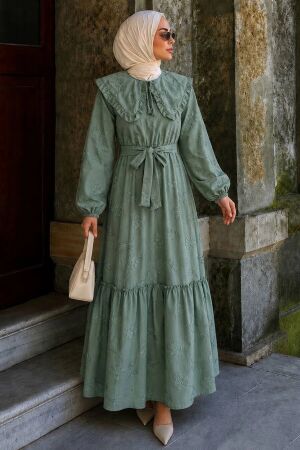 Embroidery-Detail Scarf Collared Mint Modest Dress 26184MINT 