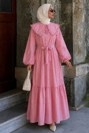 Embroidery-Detail Scarf Collared Pink Modest Dress 26184P 