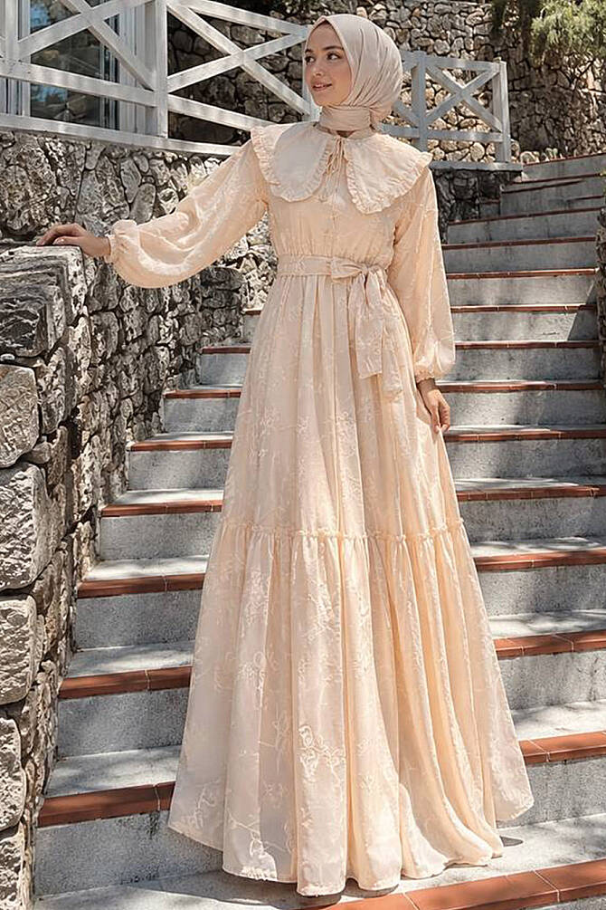 Embroidery-Detail Scarf Collared Stone Modest Dress 26184TAS - 1