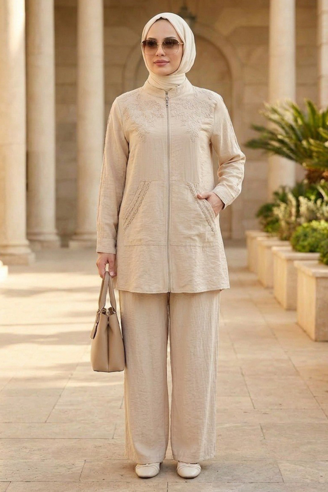 Embroidery Detailed Beige Keten Modest Set 32101BEJ - 1