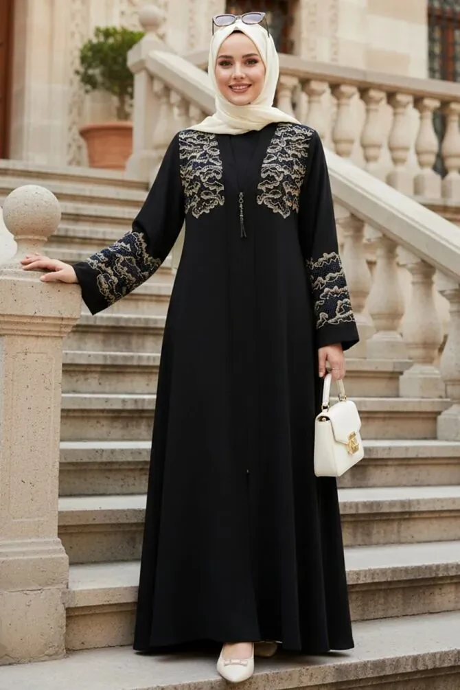 Embroidery Detailed Belted Navy Blue Beige Modest Abaya 29138LBEJ - 1